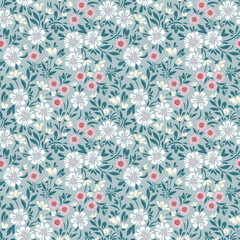 Floral pattern of white, pink and light yellow flowers and green leaves on a light green background.