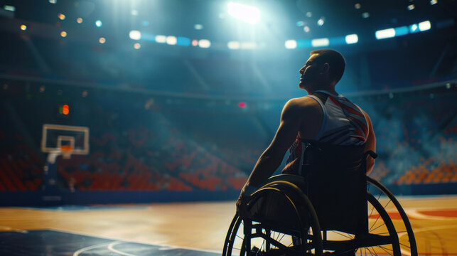 man basketball player in a wheelchair in the sports arena in the rays of spotlights, Paralympic Games, back view