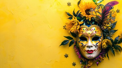 Carnival celebration concept with venetian mask over yellow flat lay with copy space for text