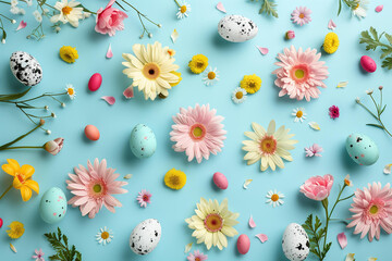 Fototapeta na wymiar top view easter flatlay pattern with scattered spring flowers and easter eggs on a pastel blue background