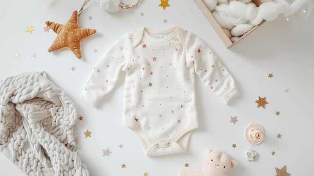 Baby sleeping accessories with sleepwear and toys seen from above