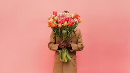 
man in a coat with a bouquet of tulips isolated on a pastel pink background