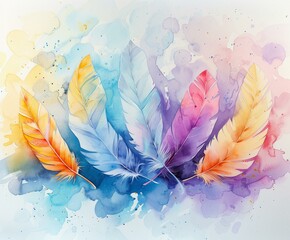 Watercolor feathers, abstract and delicate, floating on the canvas