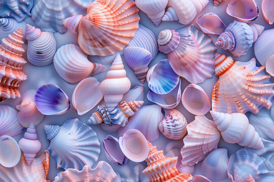 top view pattern of sea shells in pastel lilac and pink colors. 3d rendering style