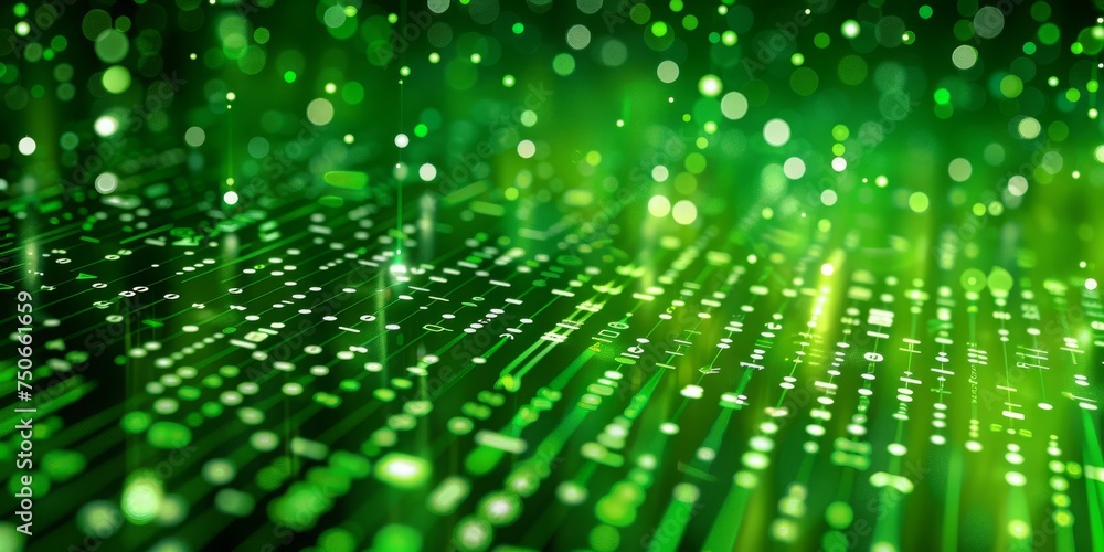 Poster the intricate lanes of connectivity on a modern green circuit board, generative ai