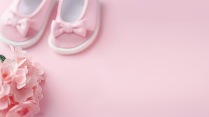Pink baby shoes with flowers and copy space on pink background
