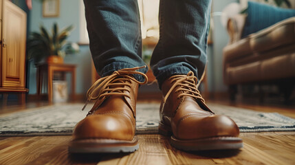 Close up image of young hipster wearing blue jeans and shoes leather sitting at city stairs during travel destination to grow and learn experience,close up of person put on warm winter boots
 - obrazy, fototapety, plakaty
