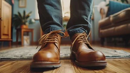 Fotobehang Close up image of young hipster wearing blue jeans and shoes leather sitting at city stairs during travel destination to grow and learn experience,close up of person put on warm winter boots  © Muhammad