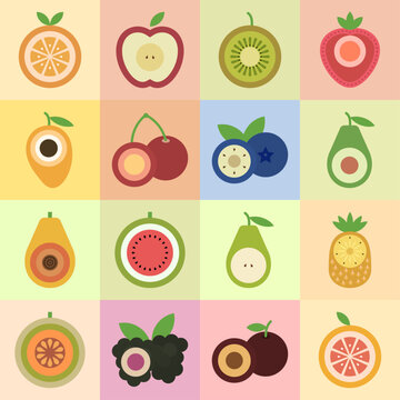 collection of fruits in a seamless pattern with colored backgrounds