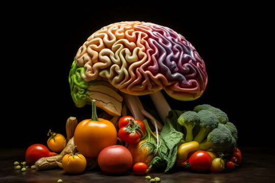 The shape of a brain in 3D is made out of rainbow colored liquid and dust particles that are exploding on a black backdrop. Illustration of the human brain as a grid.  Generative AI.