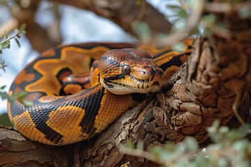 Fototapeta premium Python coiled in an acacia tree, ambush predator, tension in the air