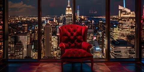 Elegant red chair overlooking a vibrant cityscape at night. contemporary interior meets urban panorama. stunning view for modern design inspiration. AI