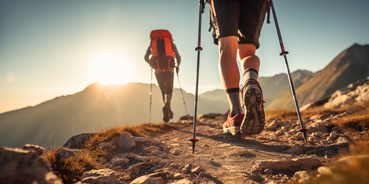 Bergwanderer mit Trekkingst&ouml;cken auf steinigem Wanderweg