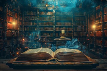 Podium on an open book, fantasy library background, storytelling theme