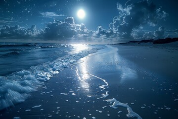 Podium on a moonlit beach, gentle waves, peaceful night