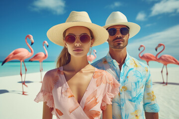 Portrait of a beautiful couple with flamingo birds on the beach
