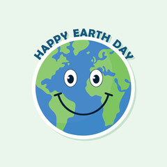 Happy Earth Day card, smiling Planet Earth cartoon sticker, vector illustration