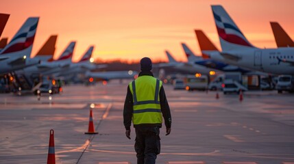 A man wearing a yellow vest is walking towards a row of parked airplanes on the tarmac