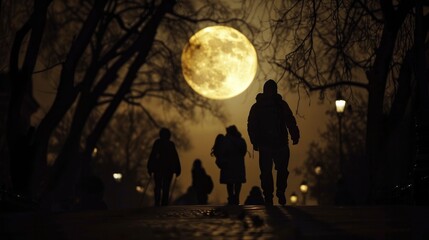 The moon is out and people are walking in the night