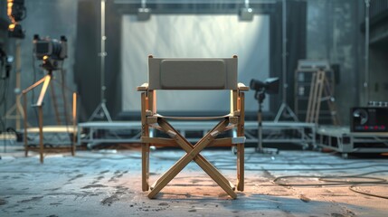 A directors chair is positioned in front of a set of bright lights, ready for a film or stage production - obrazy, fototapety, plakaty