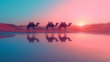 Türaufkleber Oasis in the desert, mirage effect, camels in the foreground © Seksan