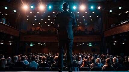 A man is standing in front of a gathered crowd of people, who are looking attentively towards him