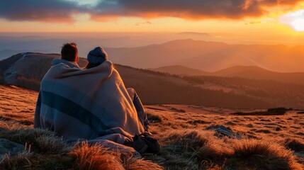 A man sits on a hilltop, wrapped in a blanket, looking out at the landscape - obrazy, fototapety, plakaty