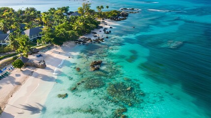 Fototapeta premium Aerial view of a serene tropical beach with a clear blue sea, palm trees, and sandy shore. perfect vacation spot. ideal for travel brochures. AI
