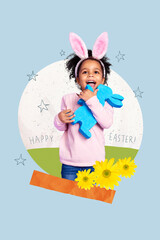 Vertical creative collage of small girl hold rabbit toy celebrate easter holiday traditional invitation bizarre unusual fantasy billboard
