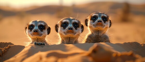 Meerkat family standing alert on the sandy desert floor, sunset