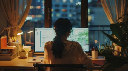 A woman is seated at a desk, concentrating on her computer screen - obrazy, fototapety, plakaty