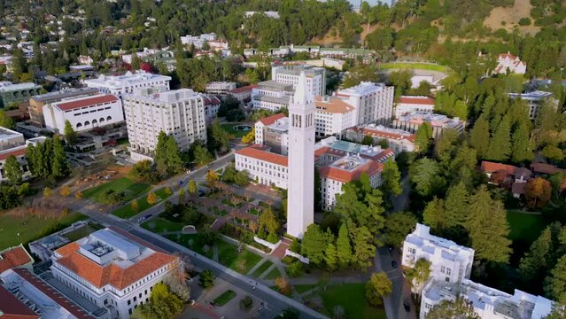 Aerial video of the UC Berkeley campus and Sather Tower. in the USA.