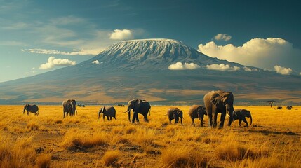 Kilimanjaro in the distance, herd of elephants trekking, iconic Africa