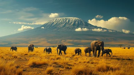 Cercles muraux Kilimandjaro Kilimanjaro in the distance, herd of elephants trekking, iconic Africa