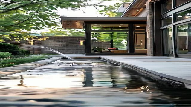 Modern luxury house with swimming pool and outdoor garden in the evening.