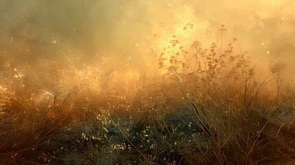 Golden sunrise over dewy meadow, serene natural landscape. warm light bathing wild grass, perfect for backgrounds and wall art. AI