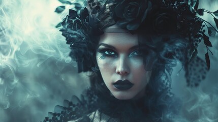 Beautiful Woman Background in the Style Ethereal Gothic Dreamscape with Edgy Undertones - Emo Goth Girl Wallpaper created with Generative AI Technology - obrazy, fototapety, plakaty