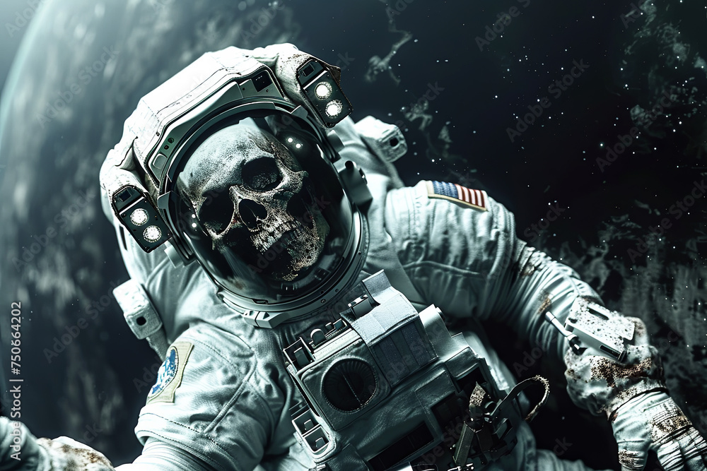 Wall mural zombie skeleton astronaut in spacesuit floating in space illustration.