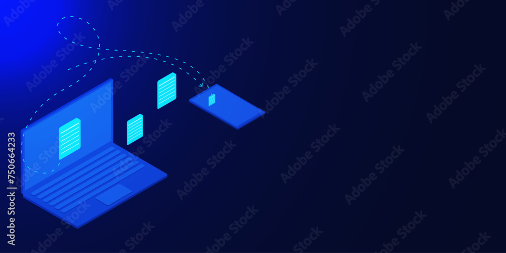 Poster futuristic device of laptop and smartphone with folders for networking and organizing files. digital
