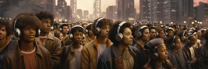 a crowd wearing headphones, groups of people, many people on the street walking with headphones, the concept of closed people not wanting to hear and help around
