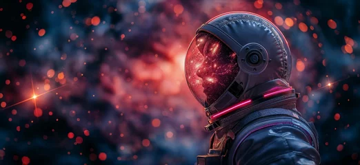 Deurstickers Portrait of an astronaut. Mars colonization or settlement concept. Astronaut in space suit in outer space with nebula reflection in helmet glass © Aquir