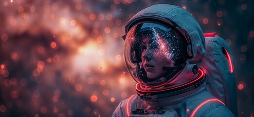 Portrait of an astronaut. Mars colonization or settlement concept. Astronaut in space suit in outer space with nebula reflection in helmet glass - obrazy, fototapety, plakaty
