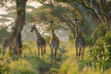 Giraffe family browsing on tall trees, wide-angle savannah scene