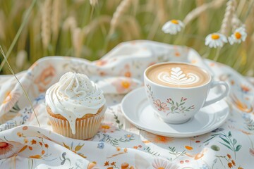 coffee and cupcakes on a spring themed floral print table cloth and a wheat field in the background, cottagecore