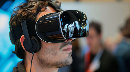 Immerse yourself in a world of virtual reality. This man is wearing a VR headset and headphones, and he's about to experience something amazing.