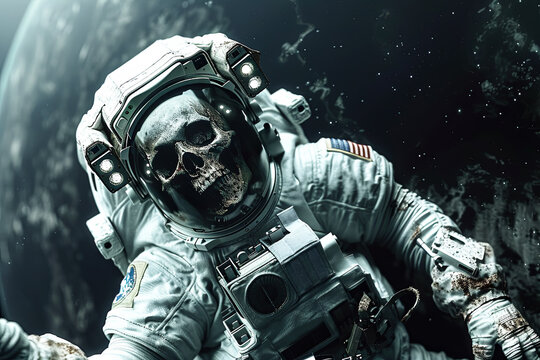 Zombie skeleton astronaut in spacesuit floating in space illustration. 