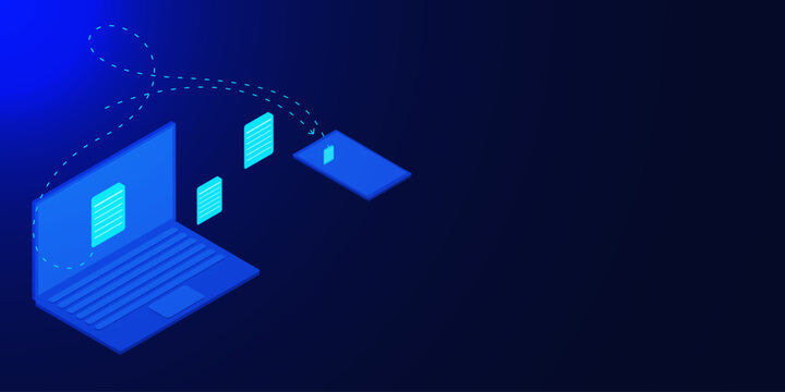 Futuristic device of laptop and smartphone with folders for networking and organizing files. Digital process of document interchange concept on dark blue background.