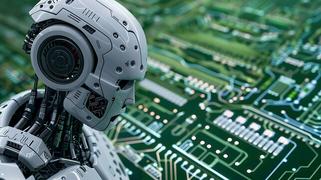 A circuit board with a robot head in the foreground. The robot head is looking down at the circuit board. The image is in a dark green color scheme.