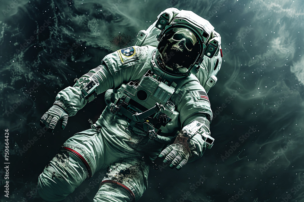 Wall mural zombie skeleton astronaut in spacesuit floating in space illustration.