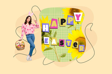 Creative trend collage of cute female hold eggs basket celebrate easter holiday traditional invitation billboard comics zine minimal